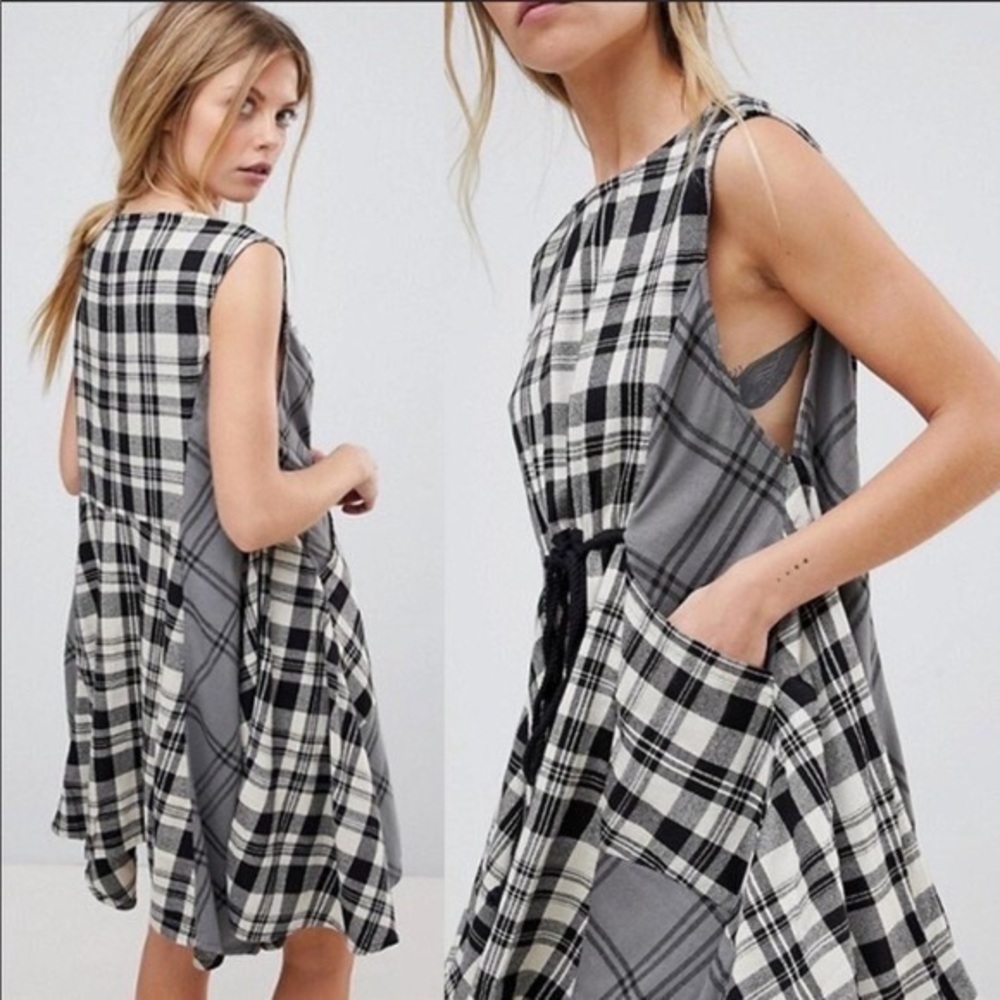Free People Land Lines Mini Plaid Dress Sharkbite Hem Edgy Sz XS Patchwork - Picture 3 of 13